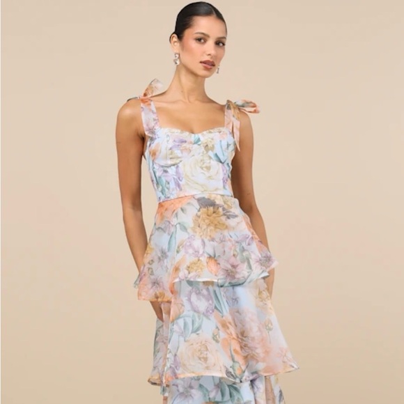 Playfully Posh Blue Floral Organza Tie-Strap Tiered Midi Dress Size XL - Picture 11 of 11